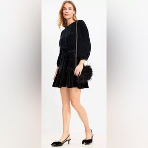 LOFT Black Velvet Tie-Waist Mini Dress with Puff Sleeves